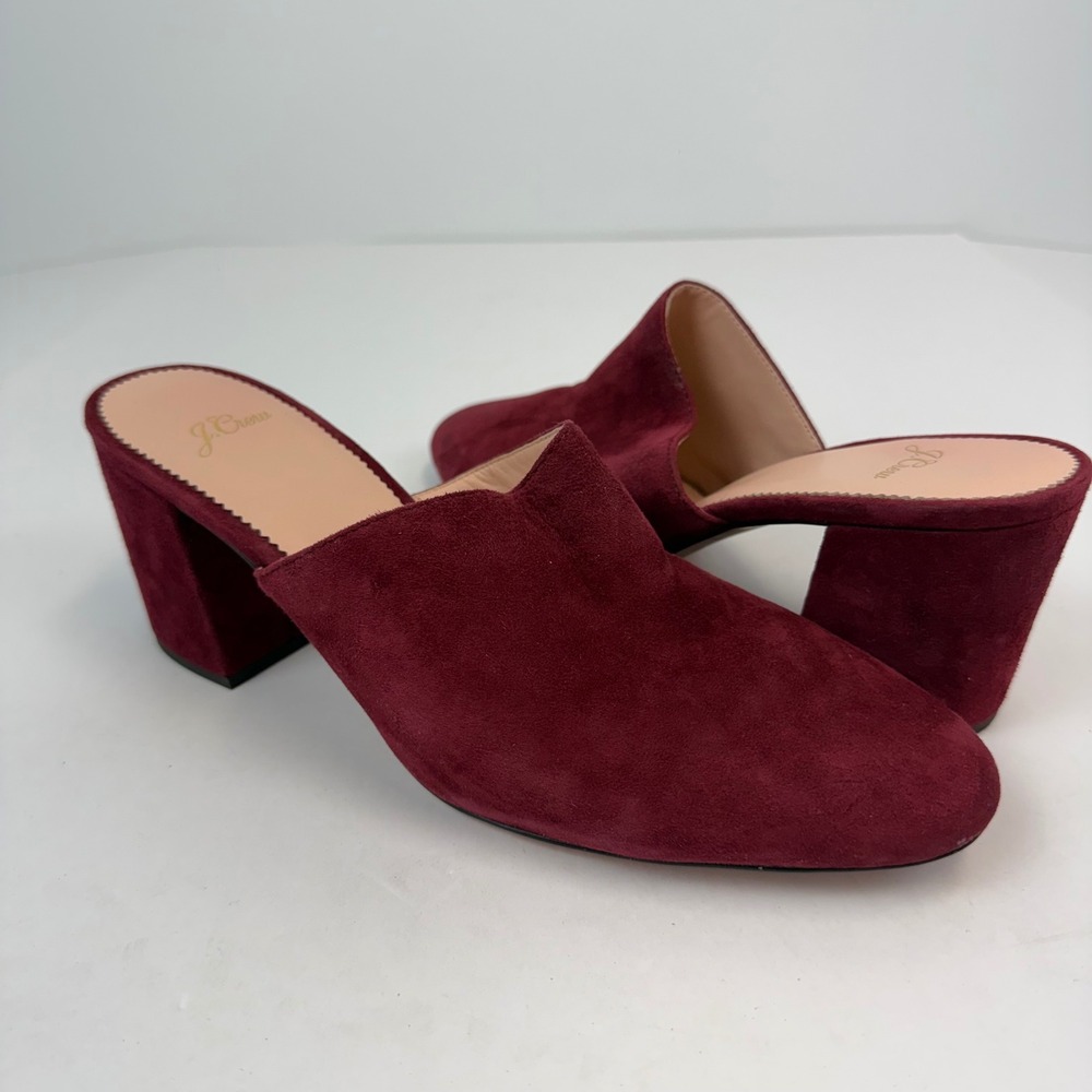 J.Crew Burgundy Suede Block Heel Mules Almond Toe Slip On Shoes J8226 Womens 9.5